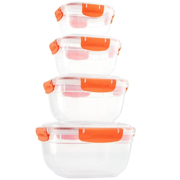 Superio Plastic Airtight Food Storage Containers, Set of 4 Sealed Clear Container Bowls with Lids, BPA Free, Square, Orange