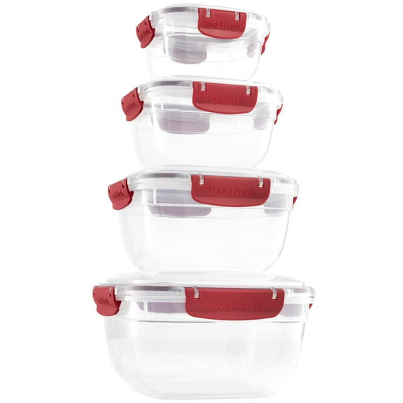 Superio Plastic Airtight Food Storage Containers, Set of 4 Sealed Clear Container Bowls with Lids, BPA Free, Square, Red