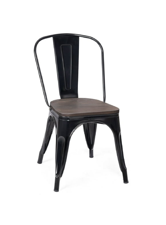Set of 4 Stackable Bistro Cafe Dining Chair Metal Frame and Wood Seat - See Descriptions Black