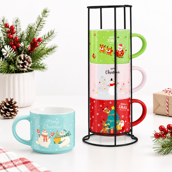 Set of 4 Stackable Christmas Mugs with Stand, 15.8 Oz Ceramic Coffee Cups for Holiday Drinks, Farmhouse Tray Decor