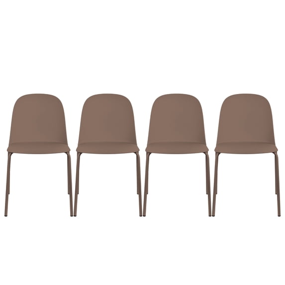 Set of 4 Stackable Dining Kitchen Chairs Plastic Armless Side with Back Curved Round Shape Chrome Metal Legs Indoor Outdoor Patio Brown