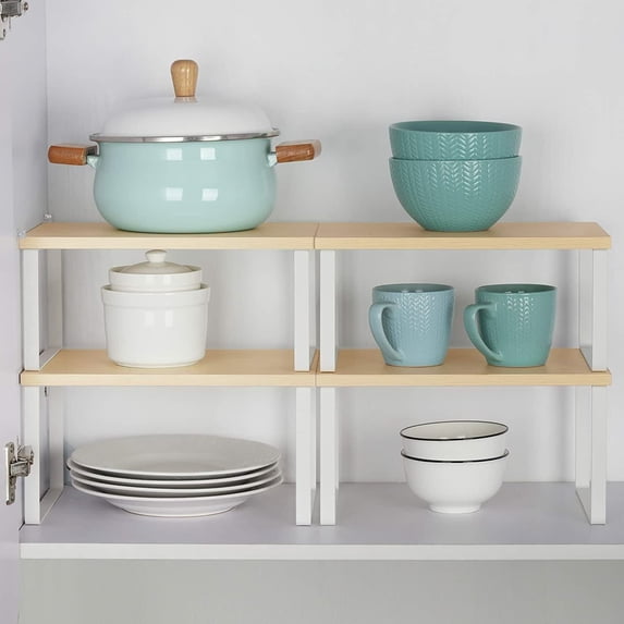 Set of 4 Stackable Kitchen Cabinet Organizer Shelf Wood Countertop Spice Shelves