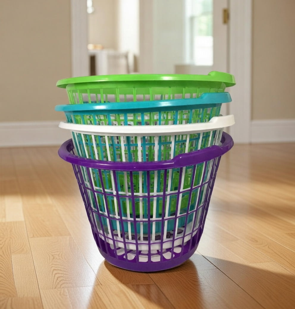Set of 4 Stackable Plastic Laundry Baskets with Lids, Colorful Ventilated Hamper Baskets for Clothes Storage, Bedroom, Bathroom Organization