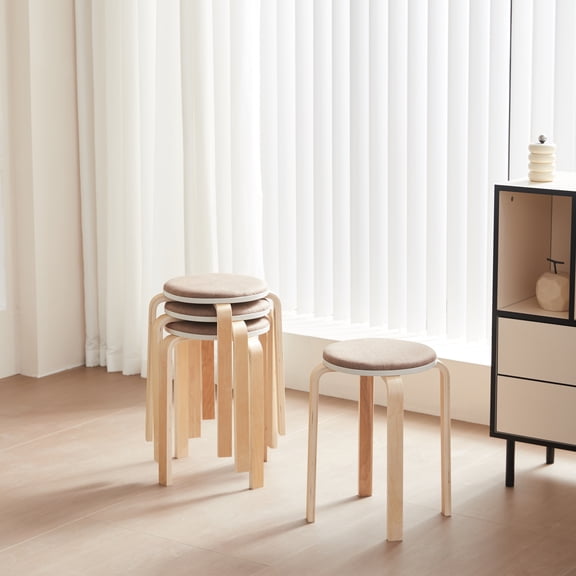 Set of 4 Stackable Stools - Round Backless Dining Chairs in Coffee Solid Wood for Kitchen, Living Room, Classroom - Durable, Stable, Easy Assembly