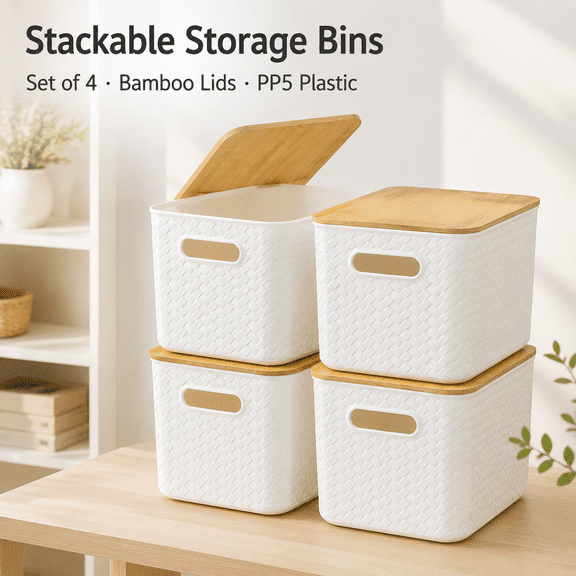 Set of 4 Stackable Storage Bins with Bamboo Lids Wooden Top Organizer Boxes for Closet, Kitchen, Bathroom, and Shelves