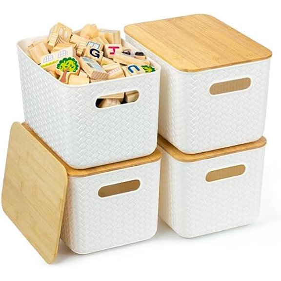 Set of 4 Stackable White Plastic Bins with Bamboo-Top Lids, All-in-One Storage Solution for Organizing Closets, Desktops, Play Areas, and Workspaces.