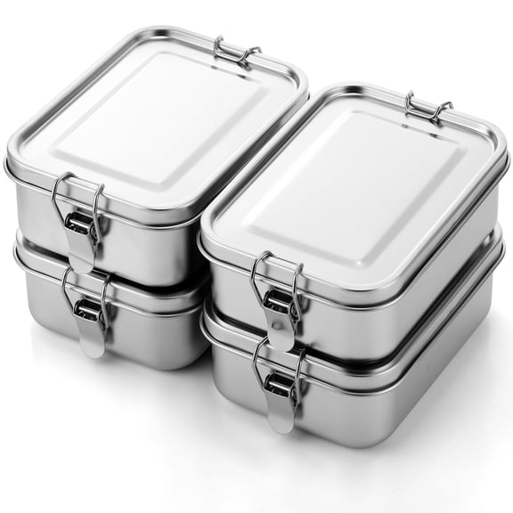 Set of 4 Stainless Steel Meal Prep Containers with Leak-Proof Locking Clips, Reusable Dishwasher Safe (850 ml)