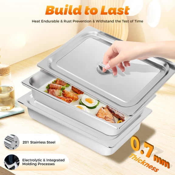 Set of 4 Stainless Steel Steam Table Pans with Lids, 1/1 Size Food Service Trays, 52.5x32.5x10cm Deep Catering Containers for Buffet and Kitchen Use