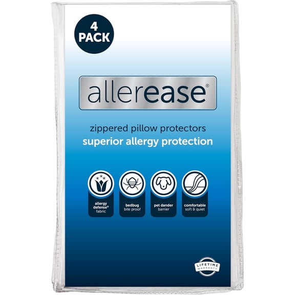 Set of 4 Standard/Queen AllerEase Pillow Protectors - Moisture Wicking Advanced Allergy Protection - Premium Polyester Zippered Protectors