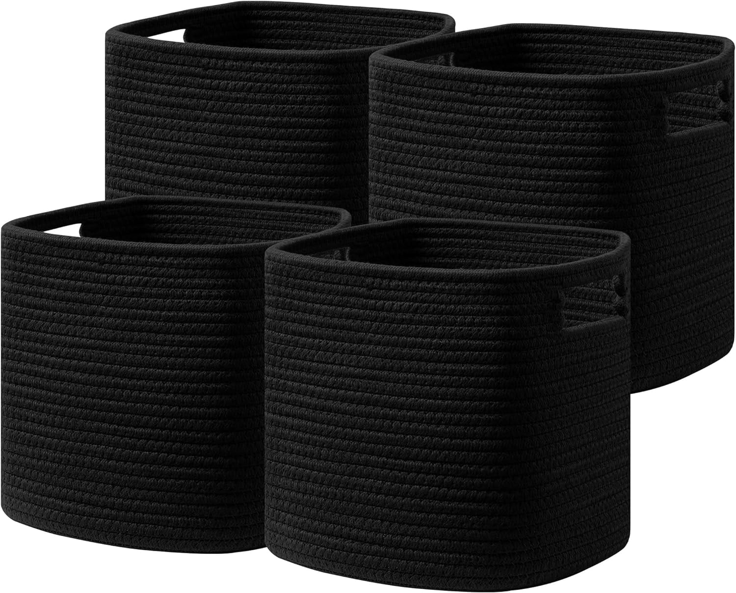 Set of 4 Storage Bins - 11 X 10.5 X 10.5 in, Cotton Rope Bins for Shelves, Toys, Books, Cube Storage with Handles, Woven Black Basket for Organizing