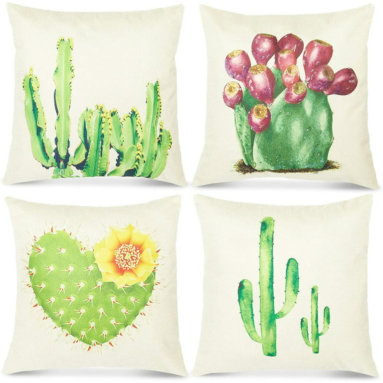 Set of 4 Succulents Cactus Decorative Throw Pillow Covers Cushion Case  Protector, Standard Size 18 x 18 Square, Beige 