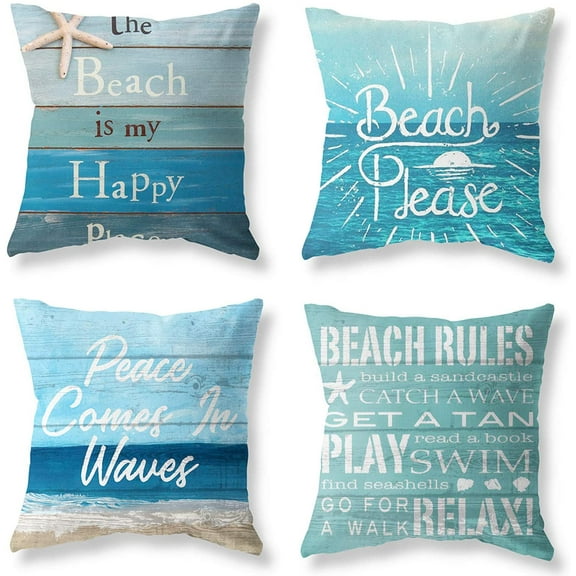 Set of 4 Summer Coastal Beach Throw Pillow Covers 18x18, Couch Decorative Outdoor Square Linen Pillow Cushion Cases for Living Room Sofa Bed