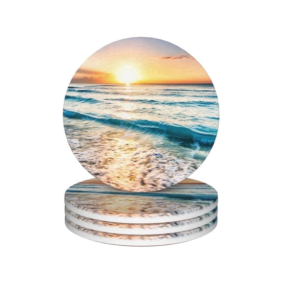 Set of 4 Sun Beach Absorbent Ceramic Drink Coasters,Round Table Coasters Decorative for Coffee Cup Beverage Bar Beer