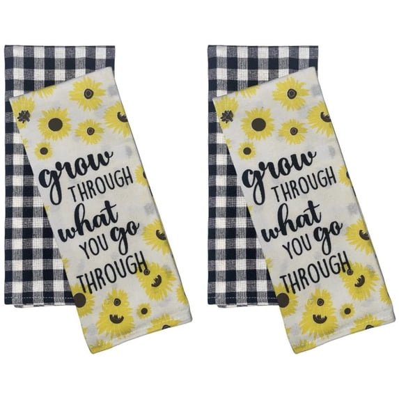 Set of 4, Sunflower with Grow Through What You go Through and Black and White Buffalo Plaid Kitchen Towels, Super Soft and Absorbent Size: 15" X 25.