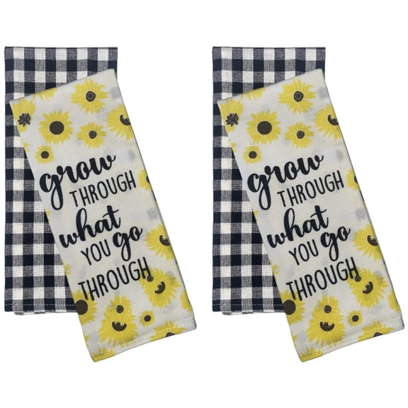 Set of 4, Sunflower with Grow Through What You go Through and Black and White Buffalo Plaid Kitchen Towels, Super Soft and Absorbent Size: 15" X 25.