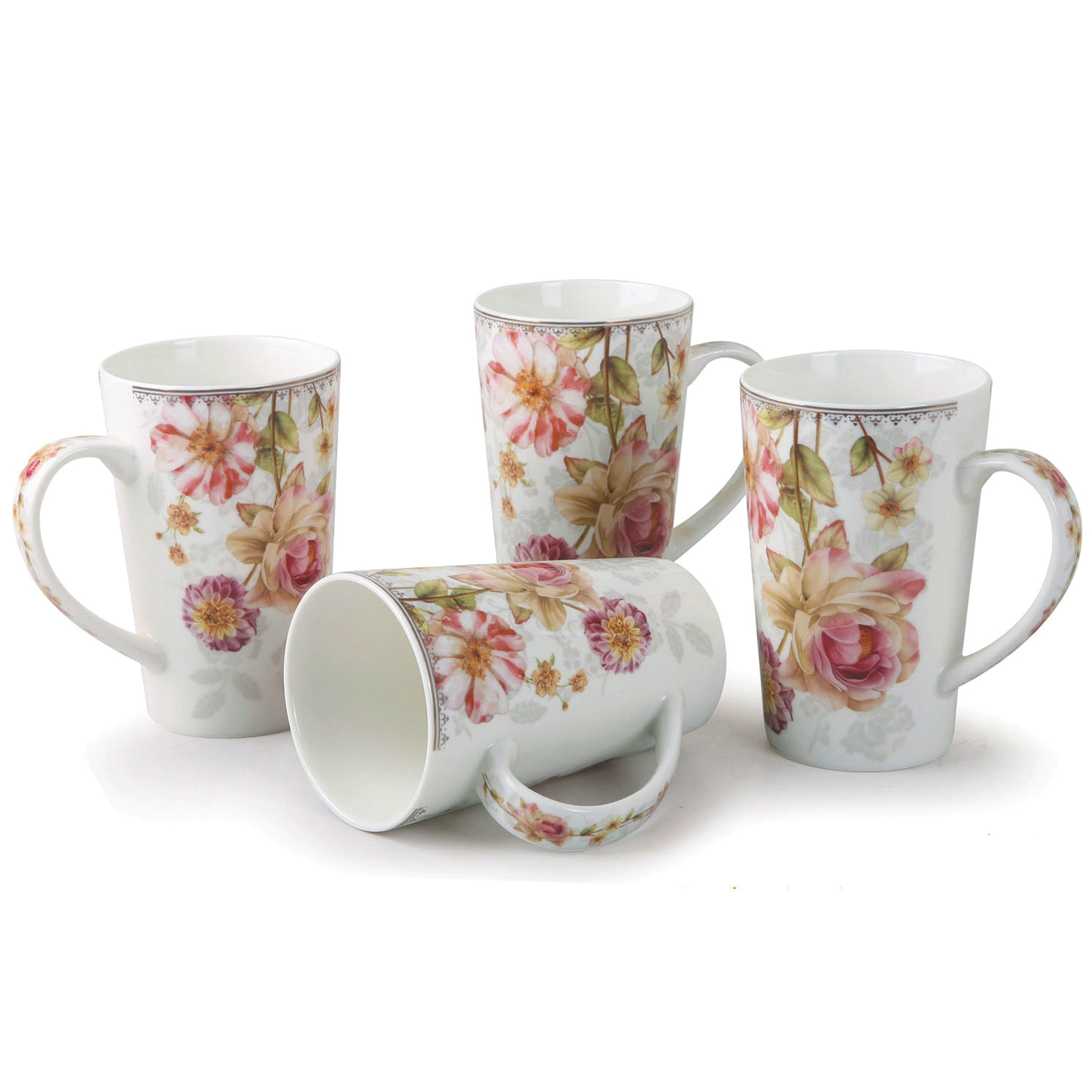 Floral Pink Ceramic Tall Coffee Mugs Set