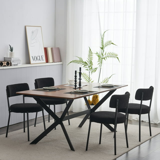 Set of 4 Teddy Fabric Dining Chairs with Curved Back and Metal Legs 