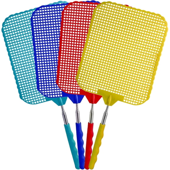 Set of 4 Telescopic Jumbo Fly Swatters - Extends from 14" to 30" with Jumbo Sized 6.25" x 7.5" Head