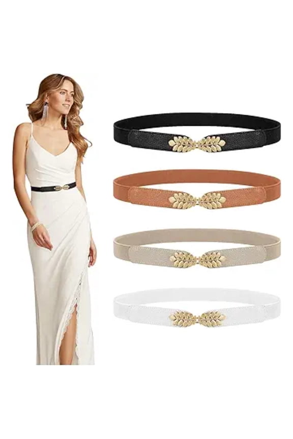 Set of 4 Thin Elastic Waist Belts, Gold-Tone Alloy Leaf Clasp, Stretchy Comfort Fit Belt for Women, Versatile Day to Night Wear