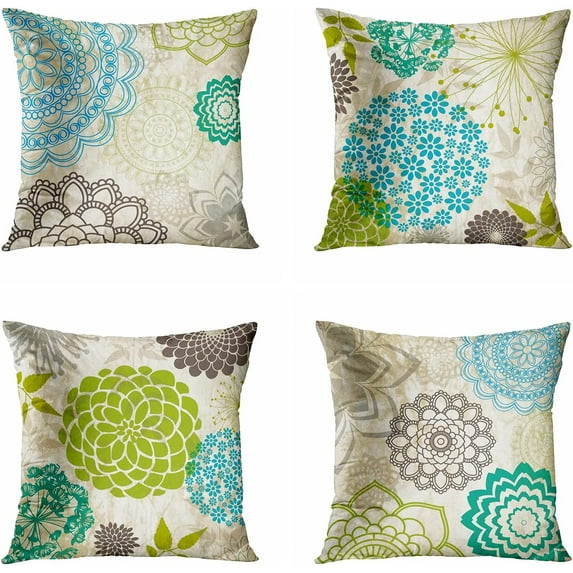 Set of 4 Throw Pillow Cover 20x20 Inch Green Blue Sparklers Floral Patterns Home Decor Pillowcase Square Cushion Cover for Sofa Bed Couch