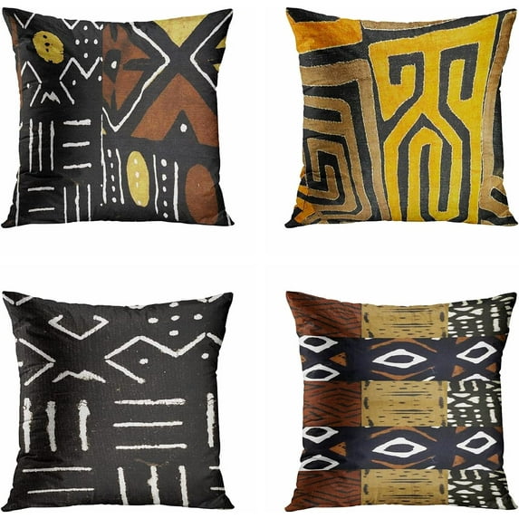 Set of 4 Throw Pillow Covers 18x18 Inch Vintaged Contemporary African Mud Cloth Print Home Decor Pillowcases Square Cushion Covers for Sofa Bed Couch