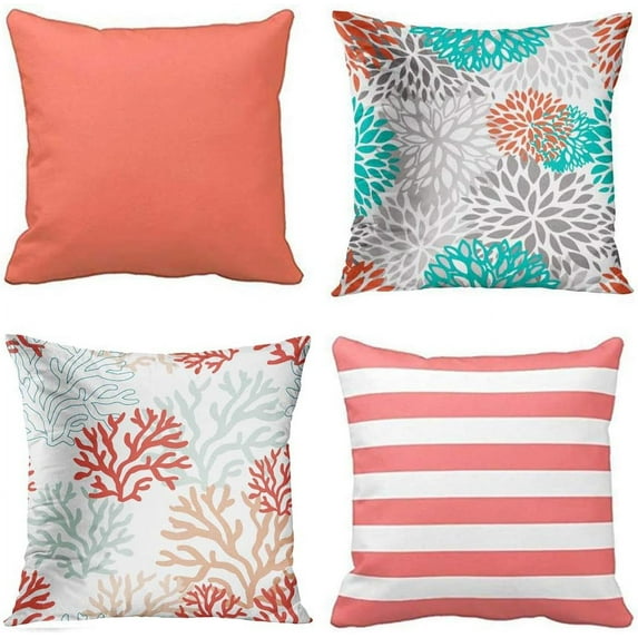Set of 4 Throw Pillow Covers Coral and White Solid Color Etc Orange Gray Turquoise Decorative Pillow Cases Home Decor Square 18x18 Inches Pillowcases