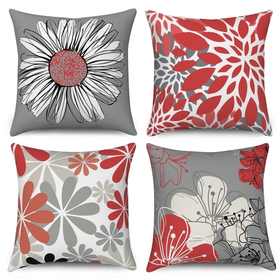 Set of 4 Throw Pillow Covers Gray and Red Modern Daisy with White Floral Couch Sofa Decorative Pillow Cases Cushion Home Decor Square 18"x18" Inches