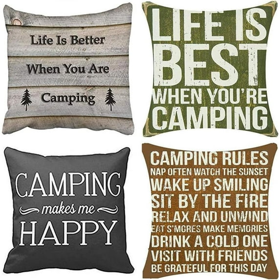 Set of 4 Throw Pillow Covers Life is When You Camping Camper Better are Round Best Decorative Pillow Cases Home Decor Square 18x18 Inches Pillowcases