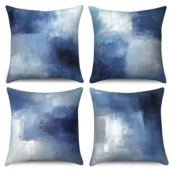 Set of 4 Throw Pillow Covers Modern Abstract Painting Blue and Gray Decorative Sofa Pillow Cases Home Decor Pillowcases 18x18 Inches