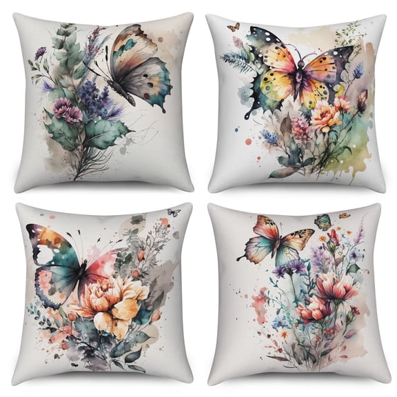 Set of 4 Throw Pillow Covers Spring Butterfly,Watercolor Linen Pillow Cases for Living Room Home Decor,18x18,4PCS