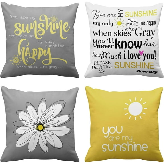 Set of 4 Throw Pillow Covers You are My Sunshine Yellow Gray with Words Decorative Pillow Cases Home Decor Square 16x16 Inches Pillowcases