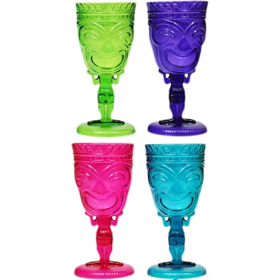 Set of 4 Tiki Face Goblets, 11.8 oz Colored Stemmed Cups, Fun Party Drinkware for Luau, Bar, Cocktail & Party Favors