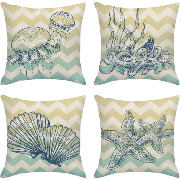 Set of 4 Underwater World Coral Seashells Starfish Pillow Cases Decorative 18 x 18 Inches Outdoor Cushion Couch Sofa Pillowcases