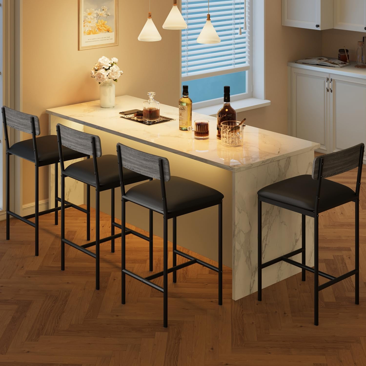 Set of 4 Upholstered Bar Stools, 25.5-Inch Kitchen Counter Height Chairs with Footrest and Back Support in Rustic Gray, Easy Assembly