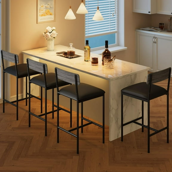 Set of 4 Upholstered Bar Stools, 25.5-Inch Kitchen Counter Height Chairs with Footrest and Back Support in Rustic Gray, Easy Assembly