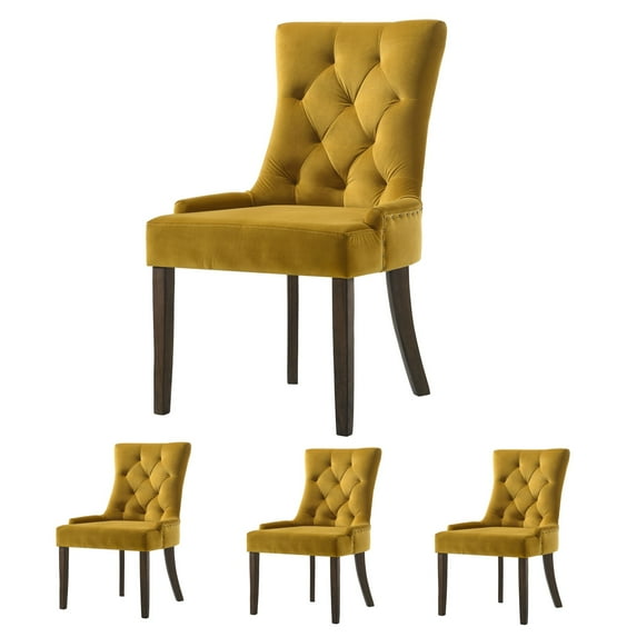 Set of 4 Upholstered Mid Century Dining Chair, Luxurious Single Dining Chair with Solid Wood Legs (Yellow)