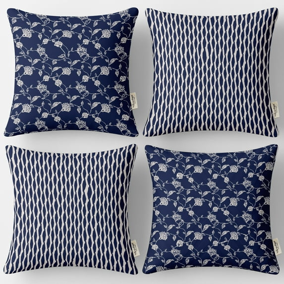 Set of 4 Vargottam 16x16 Cotton Cushion Covers - Decorative Reversible Pillow Covers with Concealed Zipper - Filler Not Included - Floral Print, Blue