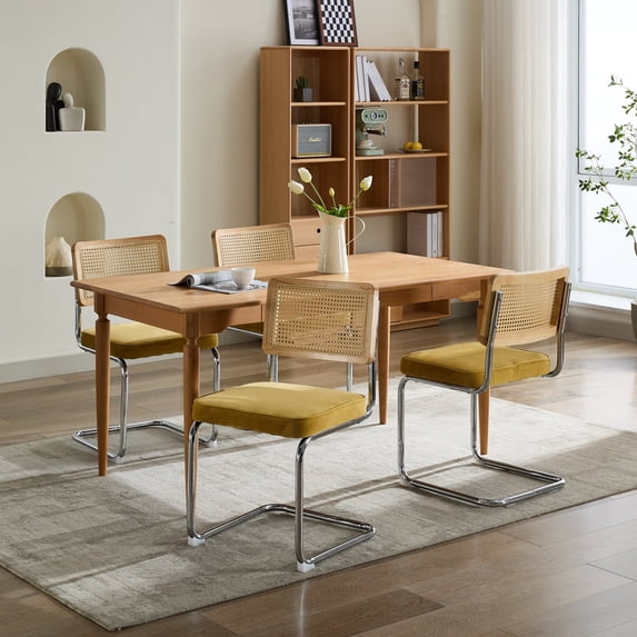 Set of 4 Velvet Dining Chairs with Natural Rattan Back & Stainless Chrome Base Home Kitchen Dining Room Chairs Accent Side Chairs