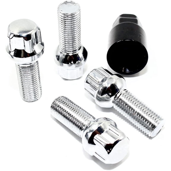 Set of 4 Veritek 14x1.5mm 2.10 Inch 28mm Shank Length 19mm 21mm Key Hex R12 OE Chrome Ball Seat Wheel Bolt Locks for Mercedes Audi VW Factory Wheels