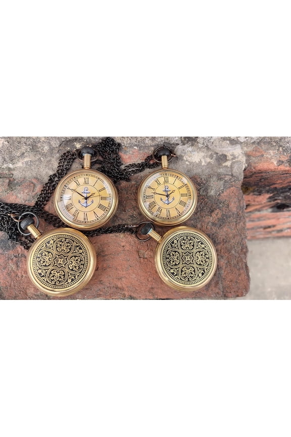 Set of 4 Vintage Anchor Pocket Watches with Chain Roman Numerals Dial Nautical Steampunk Brass Finish by Maritime Treasures