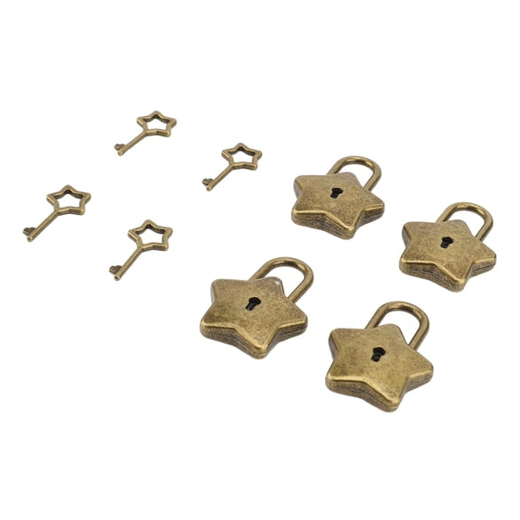 Set of 4 Vintage Antique Brass Five Pointed Star Metal Padlock with Key (1.65 x 1.18 in / 4.2 x 3 cm)