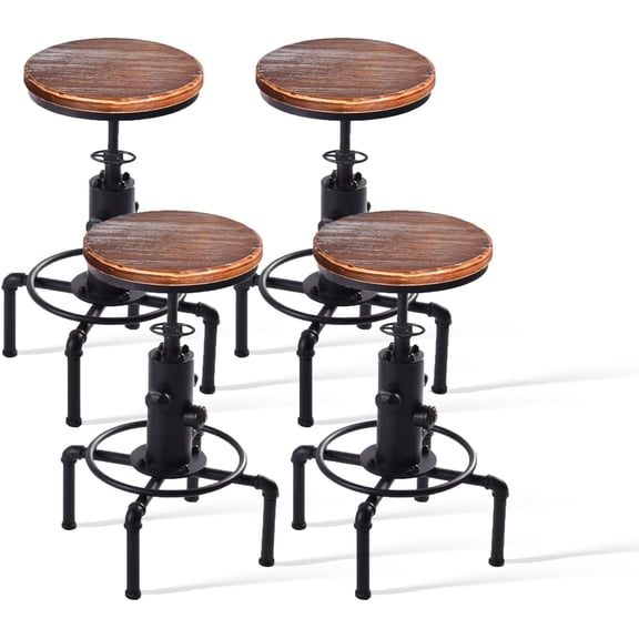 Set of 4 Vintage Industrial Kitchen Counter Swivel Bar Stool Height Adjustable 23.6"-29.5", Solid Wood Water Pipe Fire Cafe Pub Bar Stool, Black