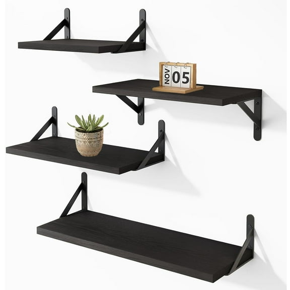 Set of 4 Wall-Mounted Floating Shelves W/Triangle Bracket, Multisize Black Rustic Wood Storage Shelf for Living Room Kitchen Bedroom Bathroom