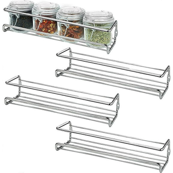Set of 4 Wall Mounted Spice Racks Chrome Finish - Spice and Herb Holders for Kitchen Walls and Cabinets on 1 Floor - Wall Mounted Kitchen Spice Rack