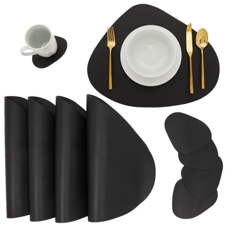 Juvale Wedge Placemats & Coasters Set - Black Wedge Placemats for Round Tables - Set with Matching Coasters - Wipeable Outdoor & Indoor Table Mats - Black Faux Leather, 13.25"x 16.8", 8-Piece Pack