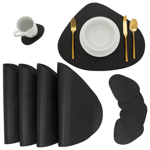 Juvale Wedge Placemats & Coasters Set - Black Wedge Placemats for Round Tables - Set with Matching Coasters - Wipeable Outdoor & Indoor Table Mats - Black Faux Leather, 13.25"x 16.8", 8-Piece Pack