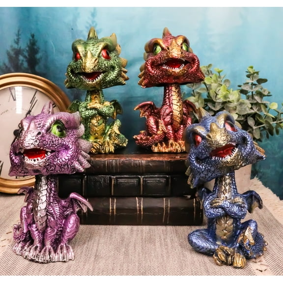 Set of 4 Whimsical Wyrmling Baby Dragons Sitting Naughty Bobblehead Figurines