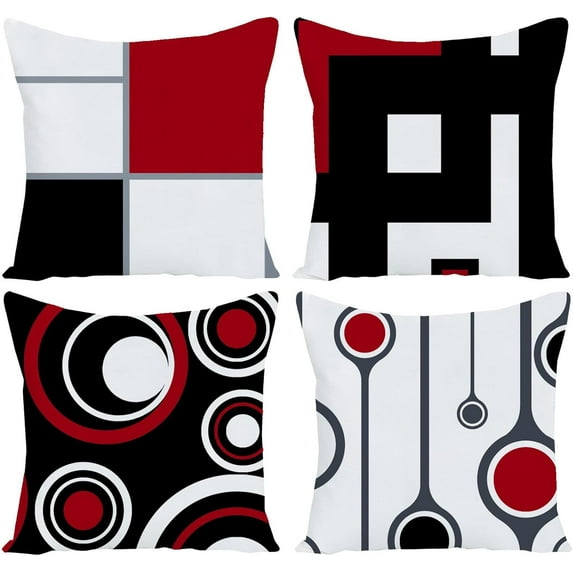 Set of 4 White Black Red Modern Abstract Geometric Throw Pillow Covers 20x20 Inches Decorative Cushion Pillow Cases Square Pillowcases for Bed Sofa