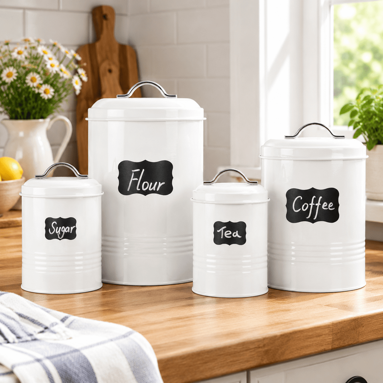 Set of 4 White Farmhouse Nesting Airtight Food Storage Canisters with ...