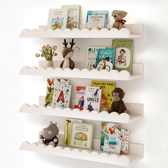 Set of 4 White Floating Nursery Shelves - Kids Bookshelf